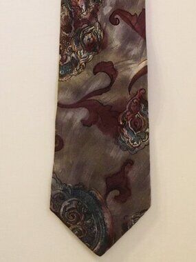 Domani Neck Tie 100% Italian Silk Abstract Scroll Men's Plum Teal Gray 57"